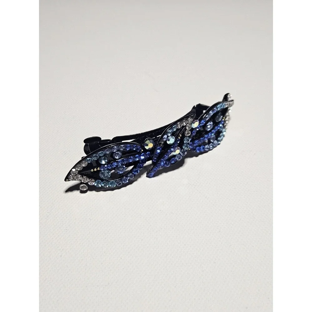 Blue Rhinestone Leaf Hair Barrette Crystal Sparkly Navy Teal Wave Clip Women